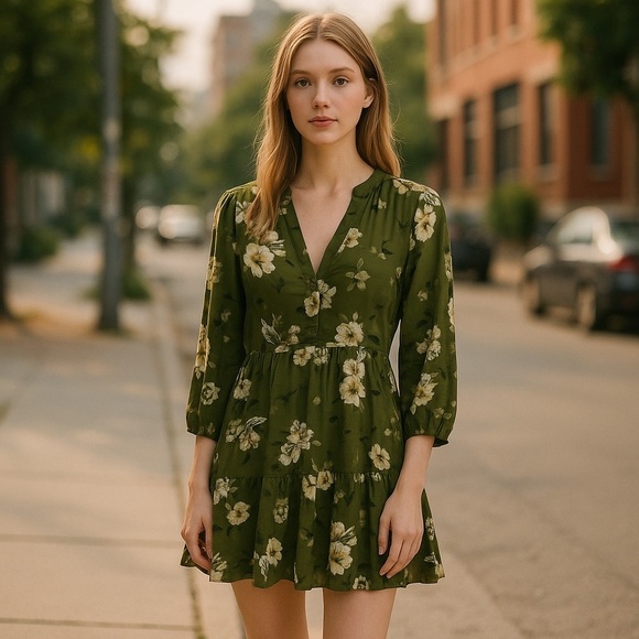 Vince Camuto Dresses & Skirts - Vince Camuto olive floral print lined long sleeve dress with semi-sheer sleeves